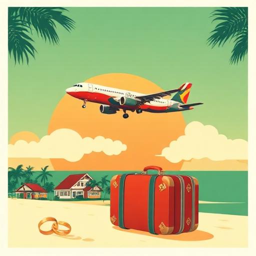 Illustration of an airplane arriving at a tropical town with a suitcase and wedding rings