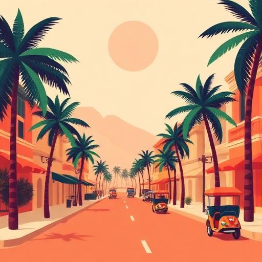 Illustration of a seaside boulevard with palm trees and tricycles