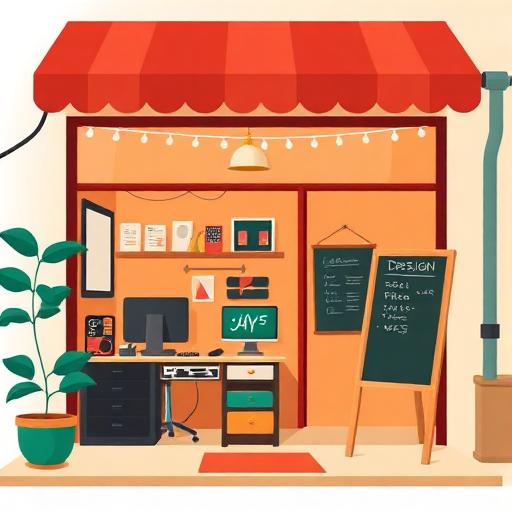 Illustration of a small business storefront with a computer and chalkboard