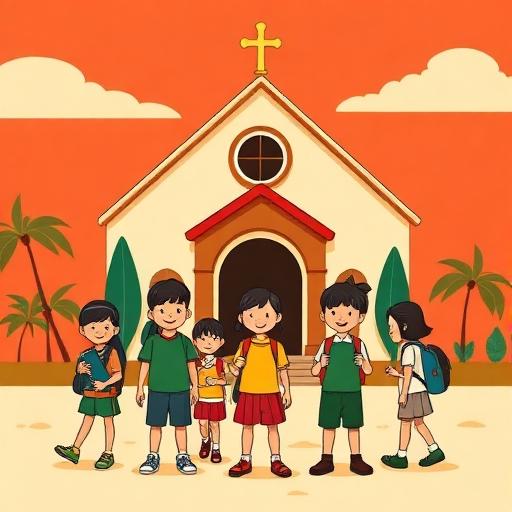 Illustration of school children with backpacks in front of a church