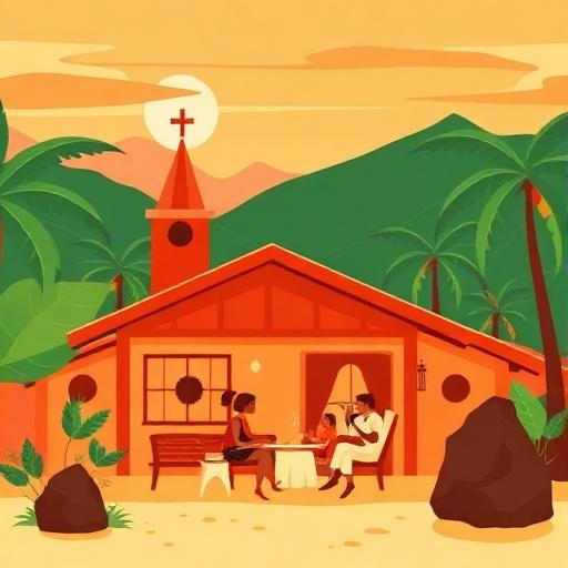 Illustration of a home and church in a tropical town