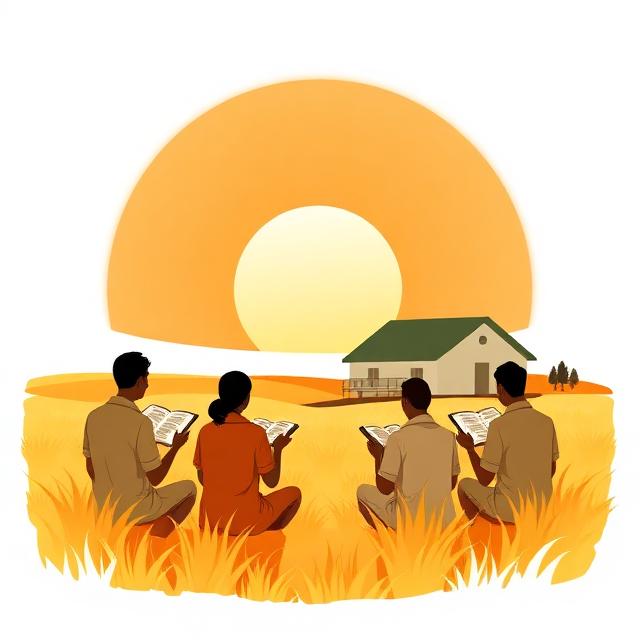 Illustration of trainees studying the Bible in a harvest field at sunrise